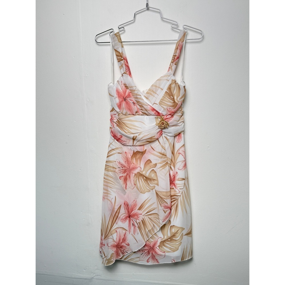 Ruby Rox Womens Size 7 Tropical Floral Sun Dress White Pink Beaded Ruched Y2K‎